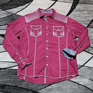 BUCKLE BLACK ATHLETIC FIT EMBROIDERED MAROON BUTTON-DOWN LONG-SLEEVED SH…